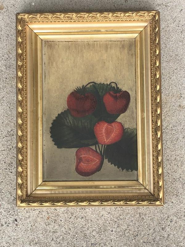 19th c o/b still life of strawberries, signed illegibly as pictured. In gold frame of the period, (1 of 5)