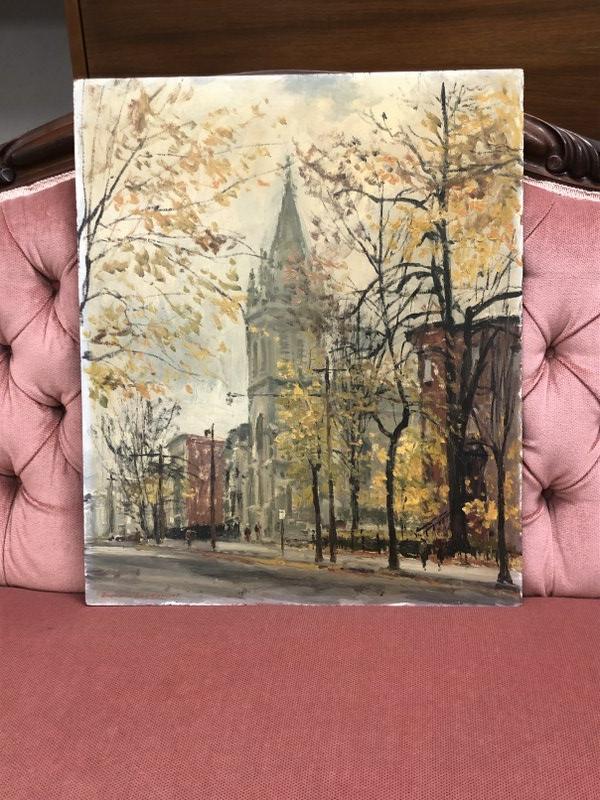 Bogomir Bogdanovic (1923-2011) o/b NYC street scene, buildings in background, people walking on (1 of 3)