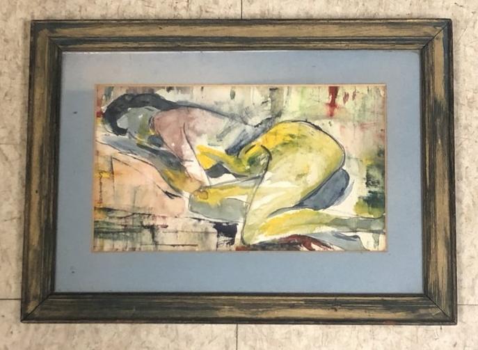 Impressionist w/c nude female in reclining position, signed on left edge (Schlecht), Mid Century: Impressionist w/c nude female in reclining position, signed on left edge (Schlecht), Mid Century feel, watercolour measures 6" x 10". From Hudson, N.Y. estate of noted Art Collector Albert Burnette Ro