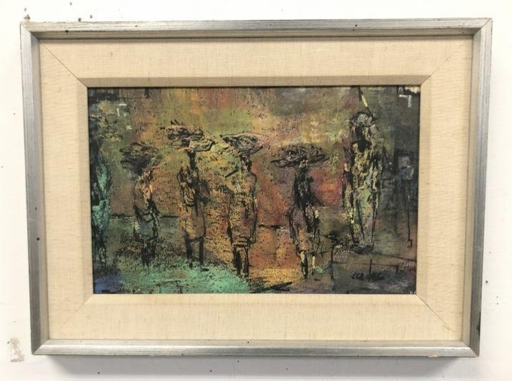 Mid Century Impressionist gouache/b Women walking with baskets on their heads, signed illegibly (1 of 3)