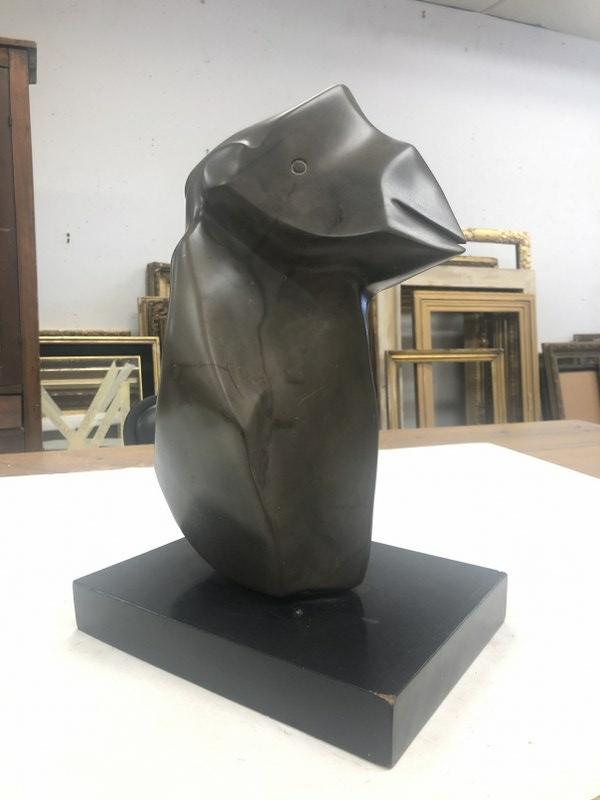 Large Inuit carved stone bird, unsigned, on black wood base, stone is a greenish color, nice found (1 of 4)