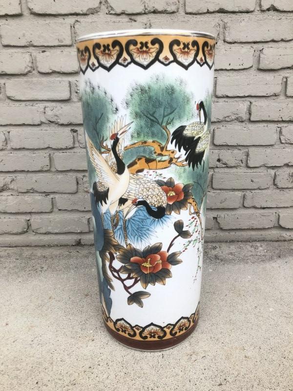 24.5" high Japanese old umbrella holder, with birds & flowers all the way around, unmarked on base,: 24.5" high Japanese old umbrella holder, with birds & flowers all the way around, unmarked on base, from older estate in Hudson Valley, I see no damage or repairsâ€¦. * Please note * In house ship