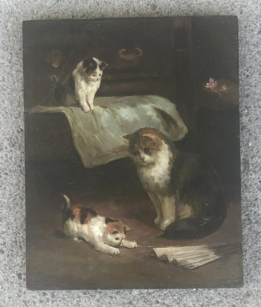 19th c o/wood panel of cats, one playing with a fan on the floor, unsigned. Wood panel measures 10": 19th c o/wood panel of cats, one playing with a fan on the floor, unsigned. Wood panel measures 10" x 8". ( Wood panel has slight bow ). From Hudson, N.Y. estate of noted Art Collector Albert Burnette