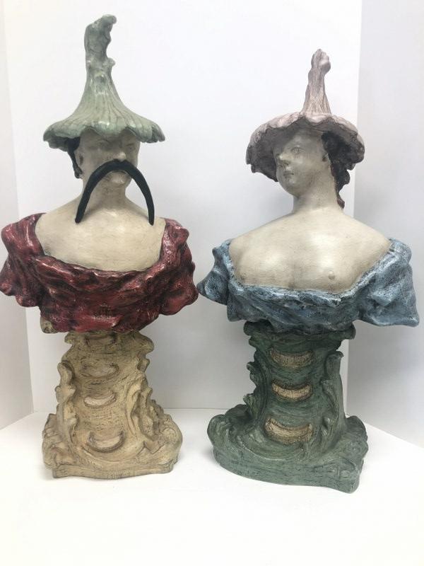 Carved polychromed wood busts of Man & Woman, both wearing Asian (?) style hats, both in very nice (1 of 5)
