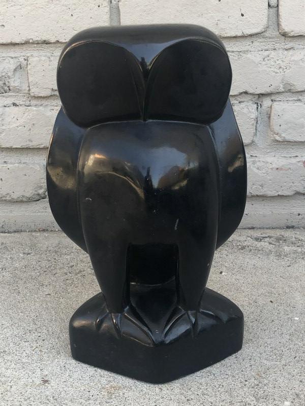Folk Art Modernistic carved Owl figure, has like a black lacquer finish, very stylized form, (1 of 5)