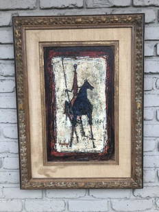 Nissan Engel ( Israel & NY ) Mid Century o/c titled ( Horseman ). In frame of the period, in nice: Nissan Engel ( Israel & NY ) Mid Century o/c titled ( Horseman ). In frame of the period, in nice estate condition, some light stains on linen matting. Painting measures 22" x 13". On back is old Burr