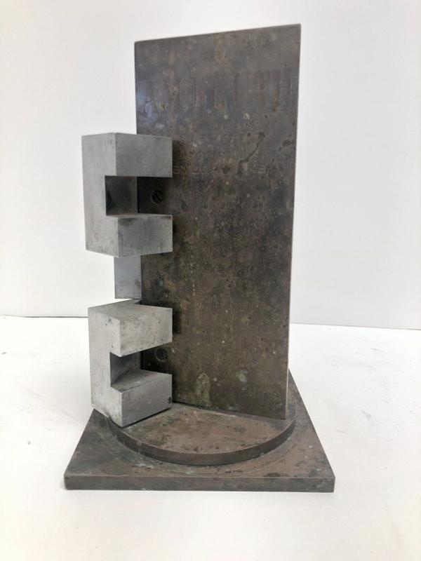 Modernist Brutalist Trophy for AMBRUTH TROPHY USKBTC PUPPY SWEEPSTAKES. Wonderful form, made of: Modernist Brutalist Trophy for AMBRUTH TROPHY USKBTC PUPPY SWEEPSTAKES. Wonderful form, made of bronze and aluminum, very heavy, has winners names and dates on bronze plate starting in 1963 and ending