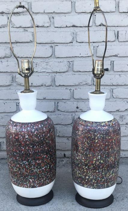 Pr. Wonderful Mid Century pottery table lamps, with multi color textured bodies, white collars and (1 of 6)