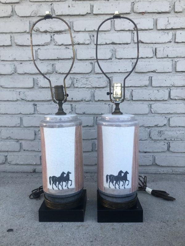 Pr. Wonderful Mid Century Modern pottery table lamps with horses on (3) sides, drape like design, (1 of 5)