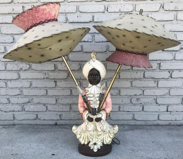 Wonderful 1950's Indian figural table lamp with intact original parchment shades, lamp is in fine (1 of 4)