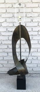 Harry Balmer sculptural patinated metal table lamp, a piece of art work in a lamp, on black metal: Harry Balmer sculptural patinated metal table lamp, a piece of art work in a lamp, on black metal base, great form, measures 44" high to top of the harp. It is unsigned, and in fine condition, would