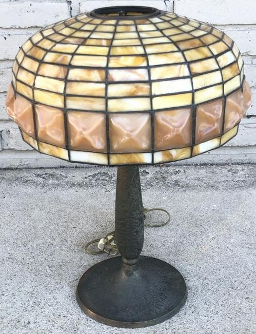 HANDEL circa 1910 leaded glass table lamp, with textured base, wonderful pattern shade with chunks (1 of 13)