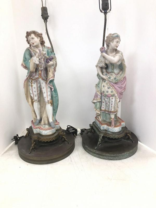 Pair circa 1910 large bisque figural table lamps, going to a masquerade, holding masks. In nice (1 of 4)