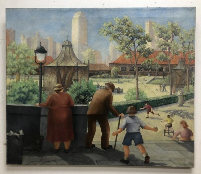 Robert B Cole o/c cityscape with park, people walking, kids playing, signed lower right ( either R B (1 of 5)