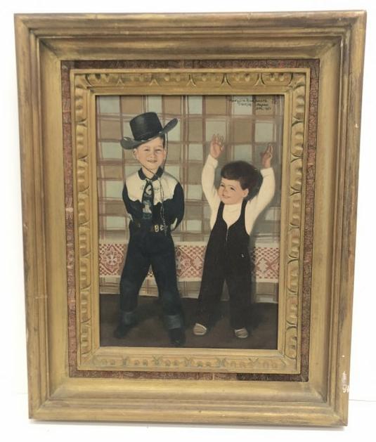 O/C (2) young boys, one in Cowboy outfit, dated Dec. 1951, by Japanese Artist, signed on front and: O/C (2) young boys, one in Cowboy outfit, dated Dec. 1951, by Japanese Artist, signed on front and back as pictured. Canvas measures 13.5" x 9.5". Very nice condition. From Hudson, N.Y. estate of note