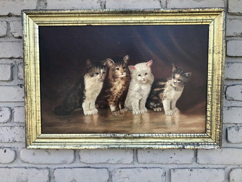 19th c o/c (4) cats, unsigned, canvas relined, painting measures 15.25" x 23".  In older frame of (1 of 4)