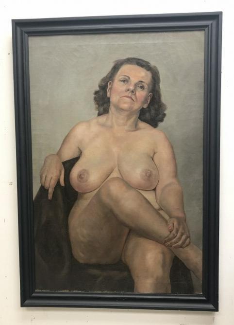Circa 1920's o/c Nude seated woman, signed illegibly on back of canvas, small paint flake on her: Circa 1920's o/c Nude seated woman, signed illegibly on back of canvas, small paint flake on her thigh, canvas measures 36" x 24". From Hudson, N.Y. estate of noted Art Collector Albert Burnette Rober