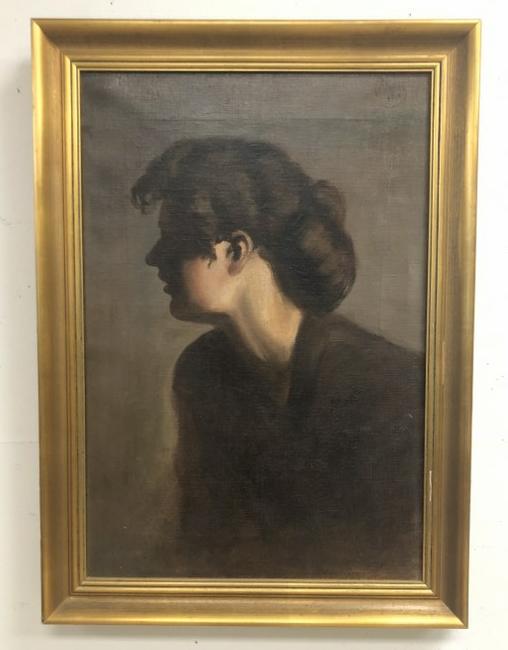 Portrait of woman looking to side, signed illegibly as pictured, dated 1908, in later gilt frame. (1 of 5)