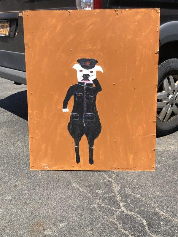 Earl Swanigan (1964-2019) Outsider Art oil on masonite of Dog in Policeman uniform, signed & dated: Earl Swanigan (1964-2019) Outsider Art oil on masonite of Dog in Policeman uniform, signed & dated 1/15/10 , painting measures 44.5" x 36". ( older nail holes and small crease marks on edges in spots