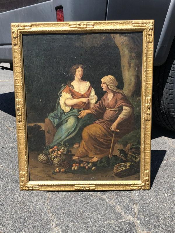 18th or 19th c o/c 2 women seated outside with bounty of fruits at their feet, unsigned, in nice as (1 of 5)