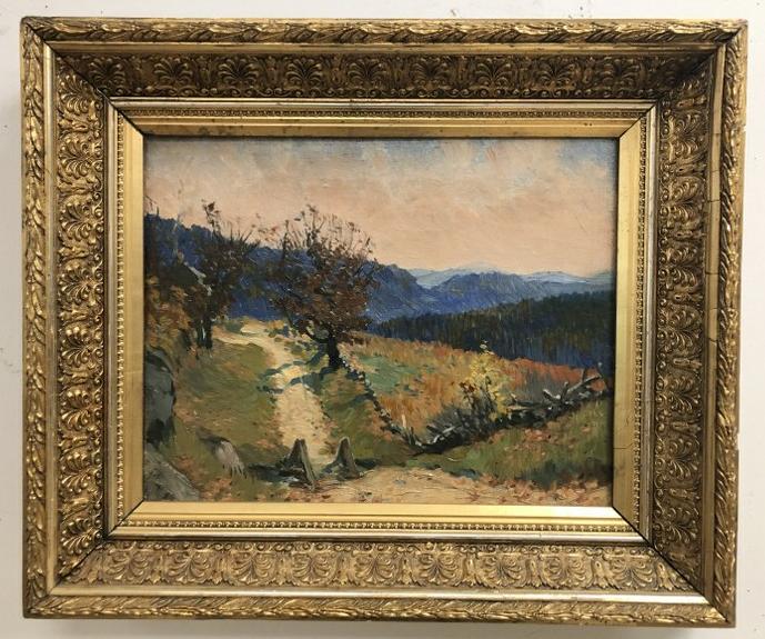 Impressionist o/c landscape, unsigned, in decorative 19th c gilt frame, painting appears to have (1 of 4)