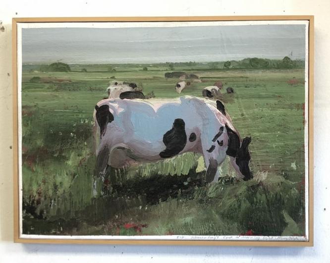 Harry Orlyk ( b 1947 ) o/c cows grazing, signed lower right & on bottom of canvas in pencil. Canvas (1 of 4)