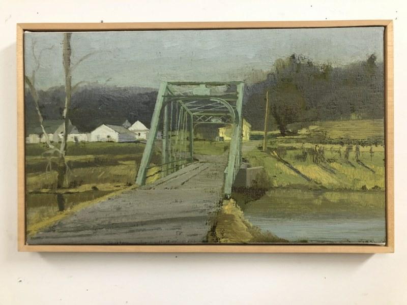 Harry Orylk (b 1947) o/c landscape with bridge, unsigned, canvas measures 9" x 14.5".  Nice estate (1 of 2)