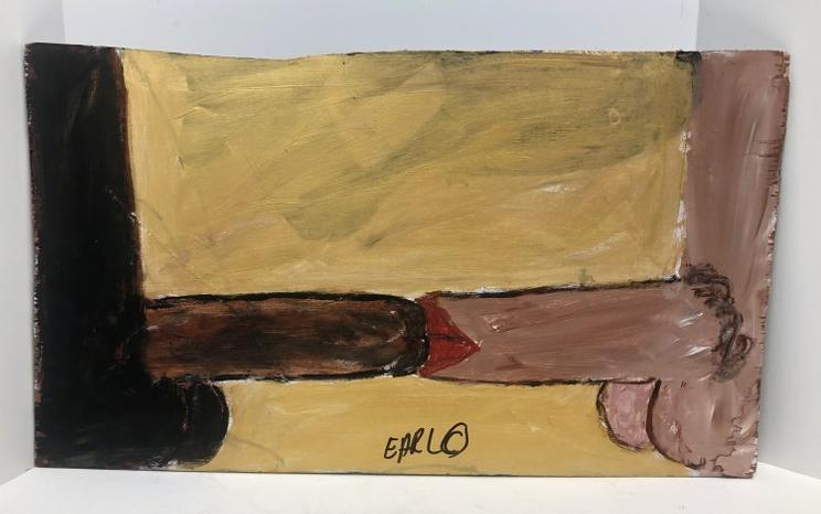 Earl Swanigan Outsider Art double sided paintings - one side is a black & white penis touching &: Earl Swanigan Outsider Art double sided paintings - one side is a black & white penis touching & other side are (2) Unicorn fishâ€¦..On wood measuring approx. 15" x 27". From Hudson, N.Y. estate o