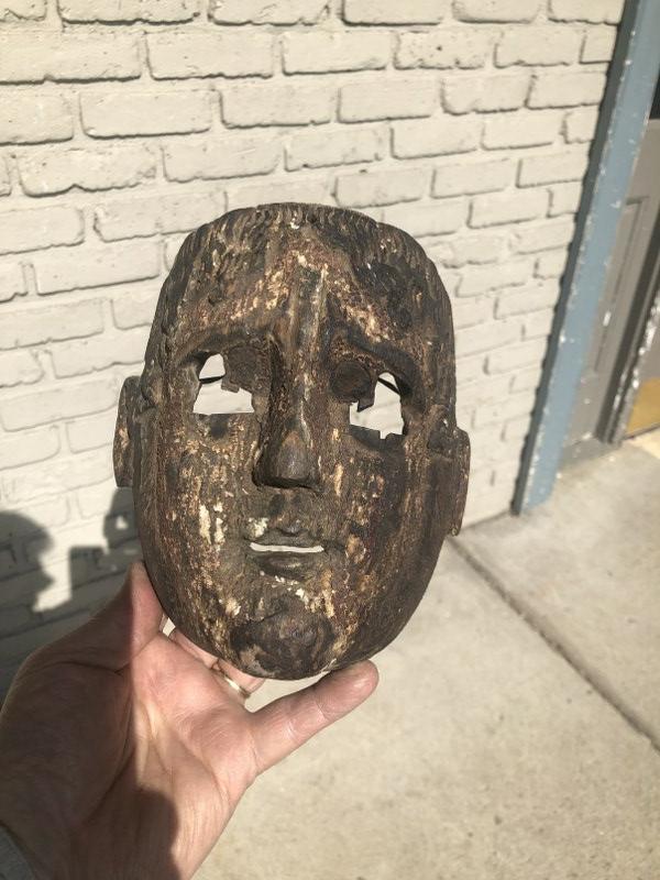 Early wood carved mask, origin unknown, wonderful aged patina & wear, measures 7" high x 6" across. (1 of 5)