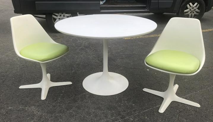 Burke Inc. Mid Century round tulip table and 2 chairs, laminated top, nice condition, chairs marked (1 of 7)