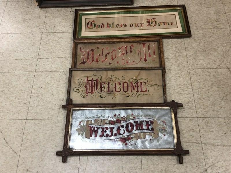 (4) 19th c embroidered Mottos ( God Bless Our Home, Welcome to All, Welcome, & Welcome ), some with (1 of 3)