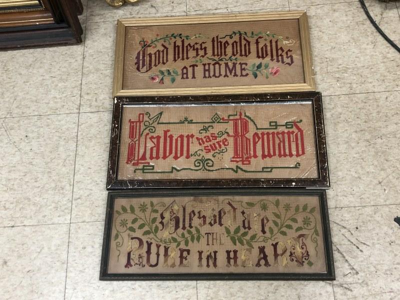 (3) 19th c embroidered Mottos ( God Bless The Old Folks At Home , Labor Has Sure Reward & Blessed (1 of 2)