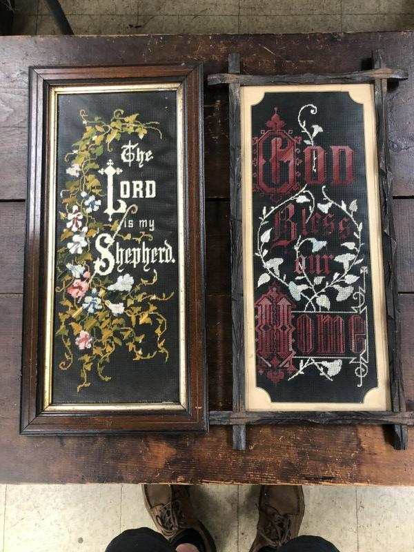 (2) 19th c embroidered Mottos ( The Lord is My Shepard & God Bless Our Home ) both in Victorian (1 of 2)