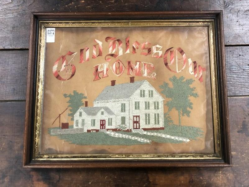 19th c embroidered Motto ( God Bless Our Home ) with large home in center, in period Victorian frame (1 of 2)