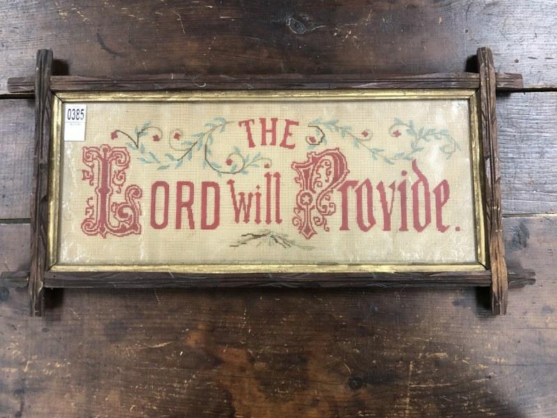 19th c embroidered Motto ( The Lord will Provide ) in Victorian frame measuring 11" x 23". From: 19th c embroidered Motto ( The Lord will Provide ) in Victorian frame measuring 11" x 23". From Woodstock, N.Y. estate of former owner of the Woodstock General Store, this wonderful collection graced