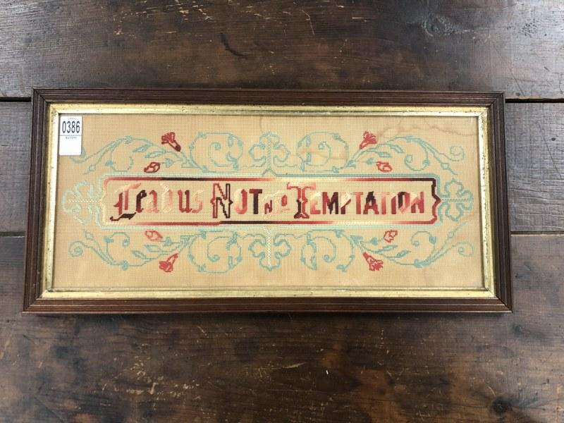 19th c embroidered Motto ( Lead Us Not In To Temptation ), in Victorian frame measuring 11" x 22.5". (1 of 1)