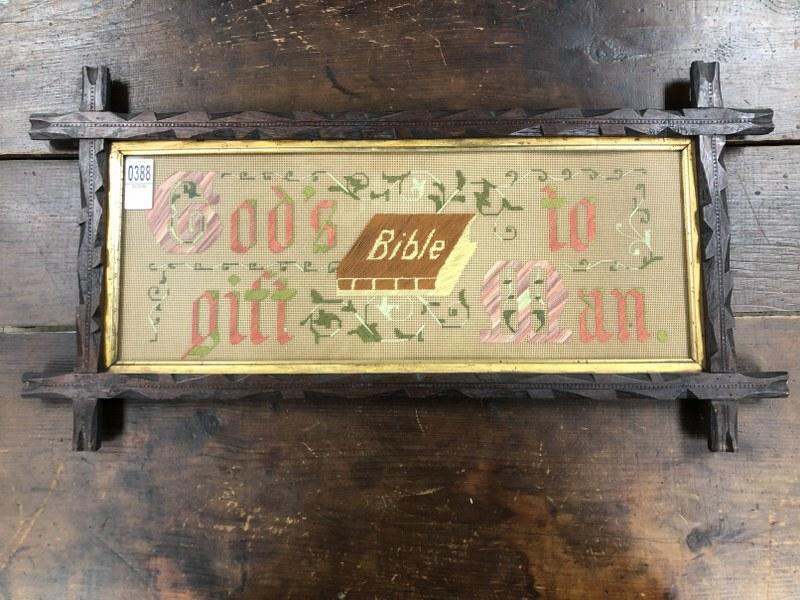 19th c embroidered Motto ( God's gift to Man (Bible), in Victorian frame measuring 11" x 24".  From (1 of 1)