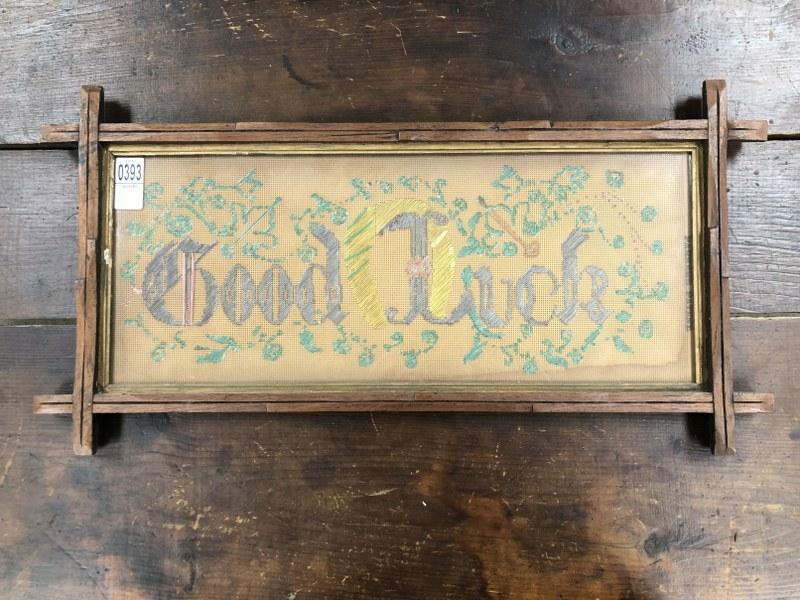 19th c embroidered Motto ( Good Luck ) in Victorian frame, measures 10.5" x 23".  From Woodstock, (1 of 1)