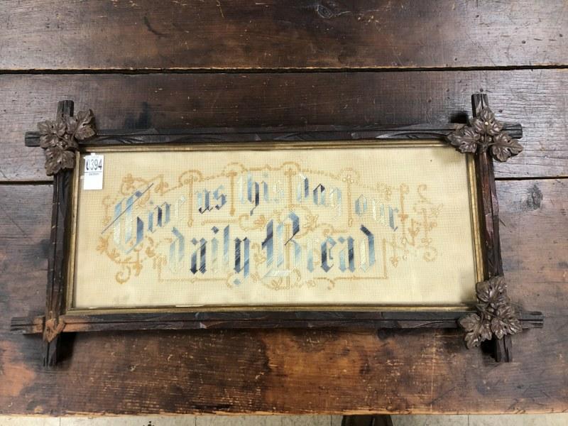 19th c embroidered Motto ( Give us this day our Daily Bread ) in Victorian frame ( missing one leaf (1 of 1)