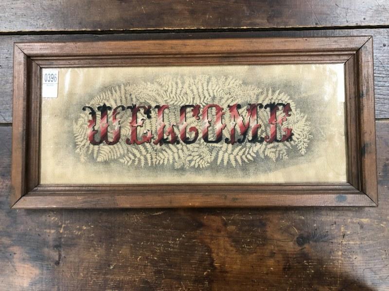 19th c Motto embroidered ( WELCOME ), measures 11" x 23.5", some old light stains on right side: 19th c Motto embroidered ( WELCOME ), measures 11" x 23.5", some old light stains on right side border - From Woodstock, N.Y. estate of former owner of the Woodstock General Store, this wonderful coll