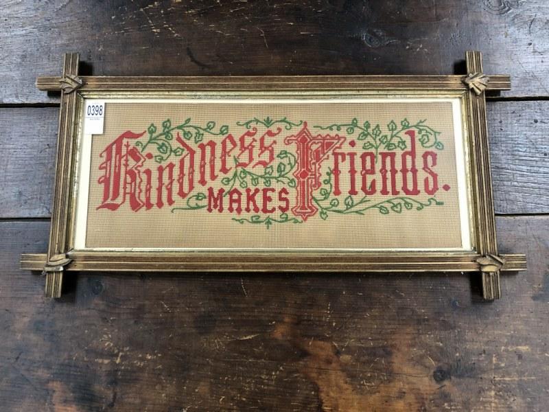 19th c embroidered Motto ( Kindness Makes Friends ) in Victorian frame, measures 11" x 23".  From (1 of 1)