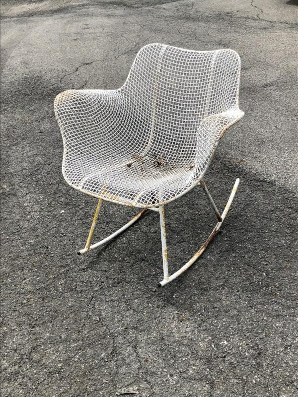 Russell Woodard white mesh rocking chair, estate found condition, measures 27.5" wide x 27.5" high. (1 of 2)
