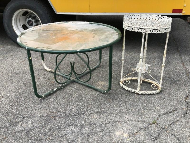 Round outdoor glass top table & iron plant stand.  Table measures 37" across x 20" high & the (1 of 5)