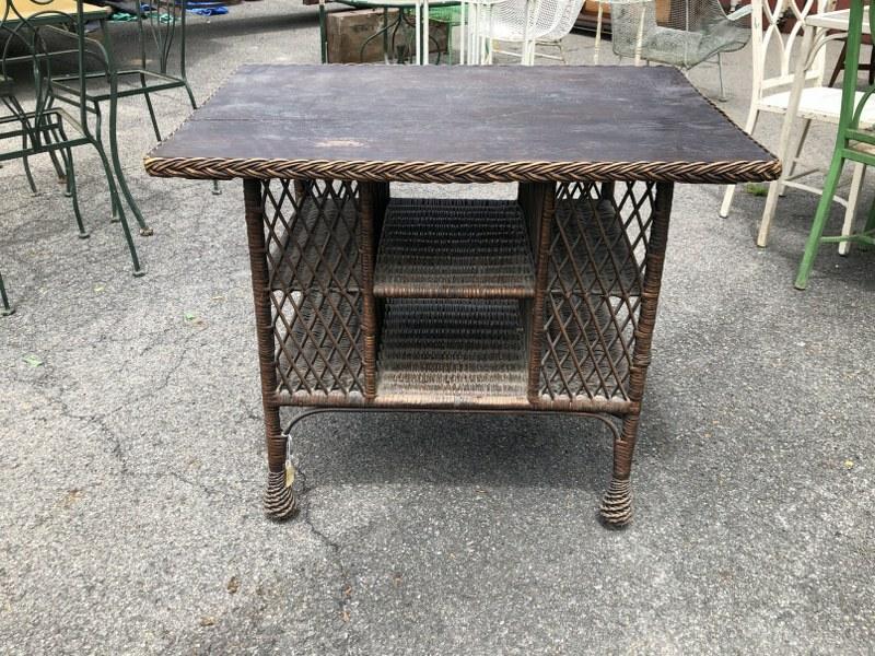 Old Bar Harbor wicker table, nice overall condition, has oak top, measures 37" x 27" x 30" high. (1 of 3)