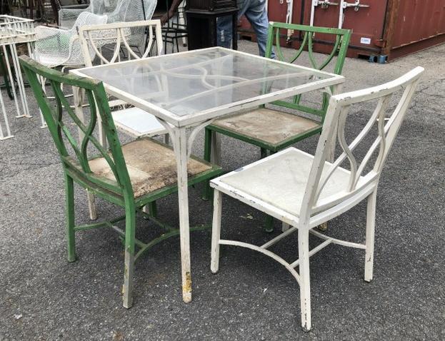 Older white aluminum glass top outdorr table with (4) chairs as pictured. Two painted white, two (1 of 3)