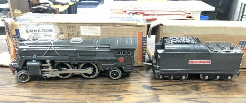 LIONEL Standard Engine 392 E & 397 T-7 in gun metal gray with boxes, nice as found estate condition,: LIONEL Standard Engine 392 E & 397 T-7 in gun metal gray with boxes, nice as found estate condition, just as we found them. Some scuffs, but overall solid. ( boxes have wear, tattering & loose flaps )