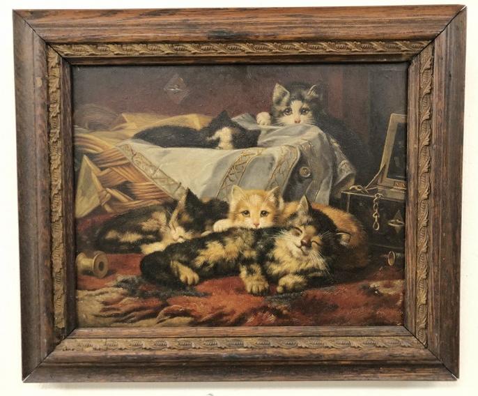 Early o/ wood panel of cats, wonderfully executed, unsigned, from Hudson Valley estate, painting (1 of 4)