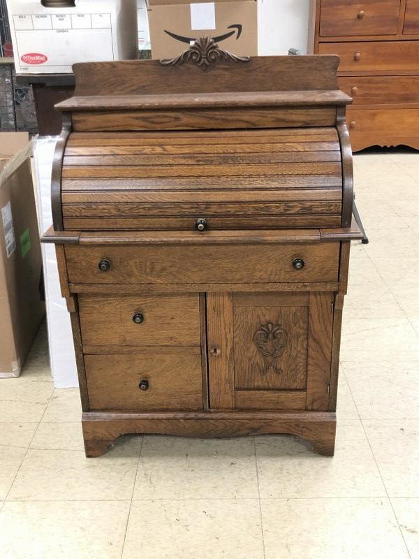 Dimunitive oak roll top desk with washstand styled base, from Woodstock, N.Y. estate, clean (1 of 3)