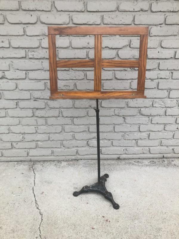 Circa 1910 music stand, iron adjustable base, with oak top, as you see it, it measures 43.5" high, (1 of 5)