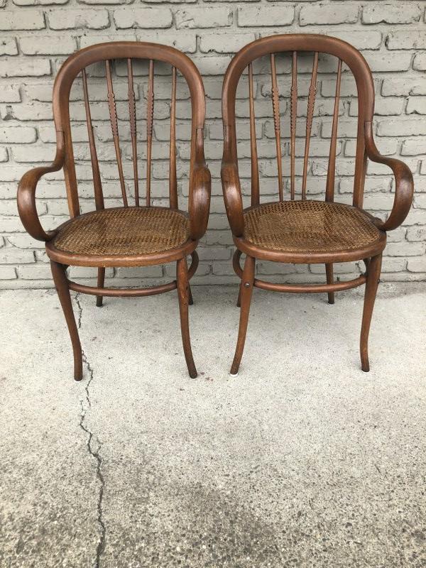 ( 2 ) circa 1910 or so bent arm chairs with cane seats, from local estate, one seat on back is: ( 2 ) circa 1910 or so bent arm chairs with cane seats, from local estate, one seat on back is separated with crack in seat frame, good looking pair, possibly ( Thonet ?)